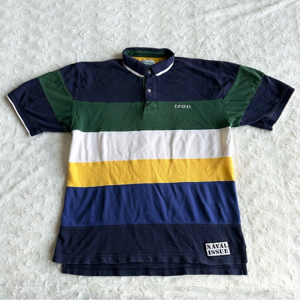 Vintage Izod Polo Shirt Mens Large Navy Blue Stripe Colorblock Retro Naval Issue